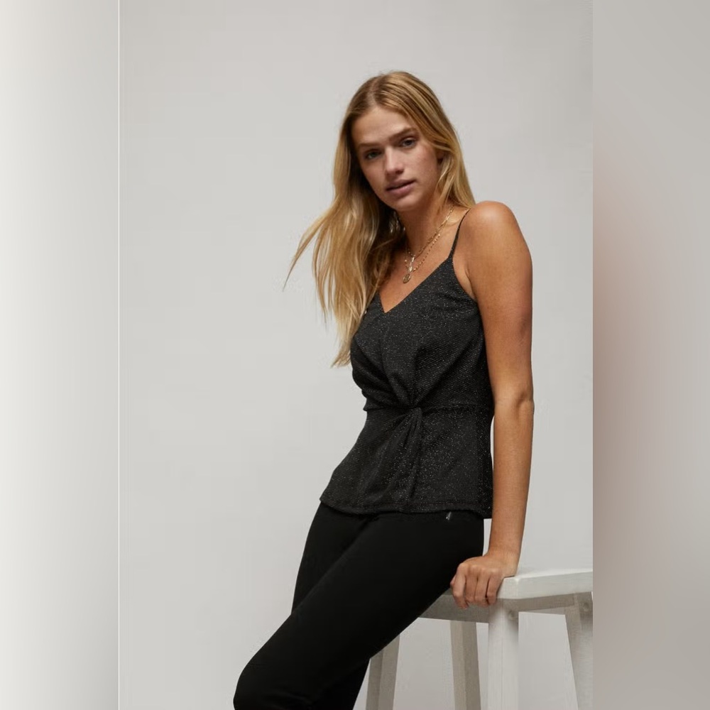 Side Twist Peplum Cami Tank Top Black Sparkle Lurex Knit Adjustable Straps - Picture 6 of 11